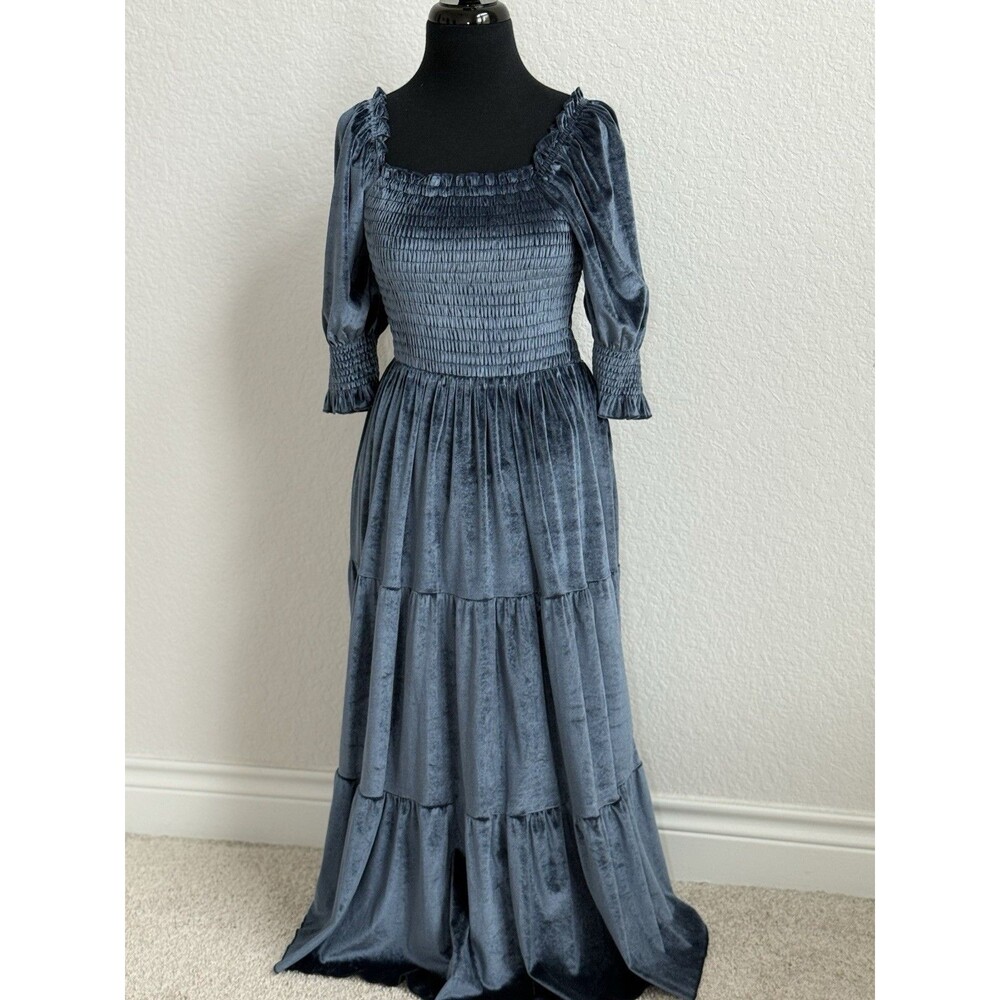 Baltic Born Vivaldi Smocked Velvet Blue Midi‎ Dress M Boho Feminine Cottagecore - Picture 2 of 10